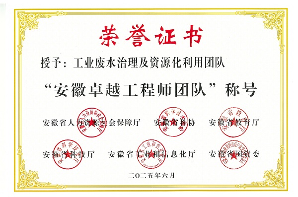 安徽工程師獎(jiǎng)-工業(yè)廢水處理與資源化利用證書